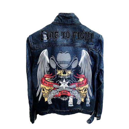 Agiyenna Herren Jeansjacke mit Knöpfen Slim Fit Jacket Jeansjacke mit Stehkragen Lässige Totenkopf Print Jeansjacke Retro Punk Jacke Bomberjacke Langarm Übergangsjacke Streetwear von Agiyenna