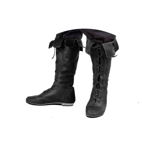 Agiyenna Herren Mittelalter Stiefel Biker Boots Renaissance Steampunk Schuhe Vintage Westernstiefel Flache Stiefel mit Blockabsatz Slip-On-Stiefel Halbhohe Schnürstiefel Einfarbige Freizeitstiefel von Agiyenna
