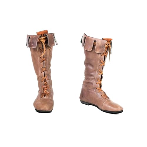 Agiyenna Herren Mittelalter Stiefel Biker Boots Renaissance Steampunk Schuhe Vintage Westernstiefel Flache Stiefel mit Blockabsatz Slip-On-Stiefel Halbhohe Schnürstiefel Einfarbige Freizeitstiefel von Agiyenna