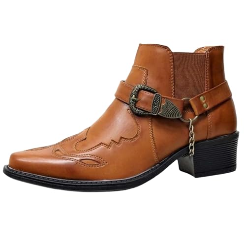 Agiyenna Herren Western Cowboystiefel Einfarbige Bedruckte Motorradstiefel Winterreitstiefel mit Schnalle Stiefeletten mit Blockabsatz Lässige Schlupfstiefel Outdoor Stiefeletten Arbeitsstiefel von Agiyenna