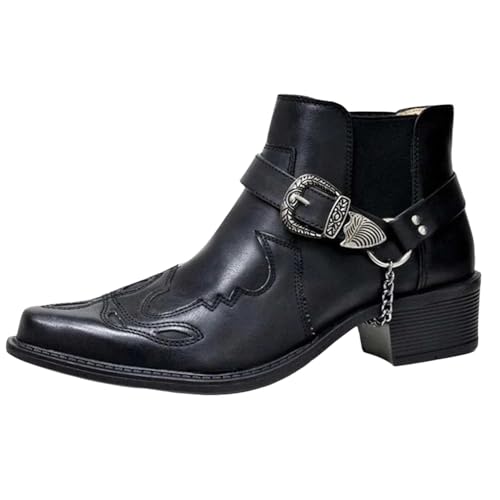 Agiyenna Herren Western Cowboystiefel Einfarbige Bedruckte Motorradstiefel Winterreitstiefel mit Schnalle Stiefeletten mit Blockabsatz Lässige Schlupfstiefel Outdoor Stiefeletten Arbeitsstiefel von Agiyenna