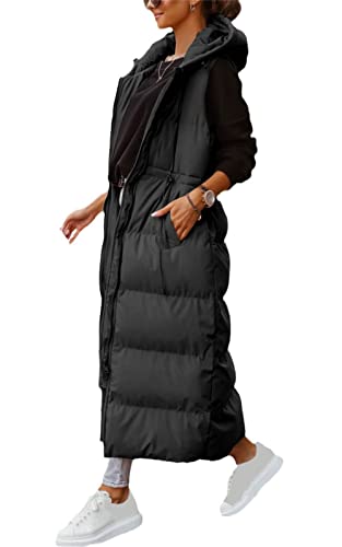 Agiyenna Lang Weste Damen, Steppweste Daunenweste Warme Parkas Weste Mantel, Vintage Taschen Kordelzug Ärmellose Lange Jacke Kapuzenweste Daunenweste Wintermantel von Agiyenna