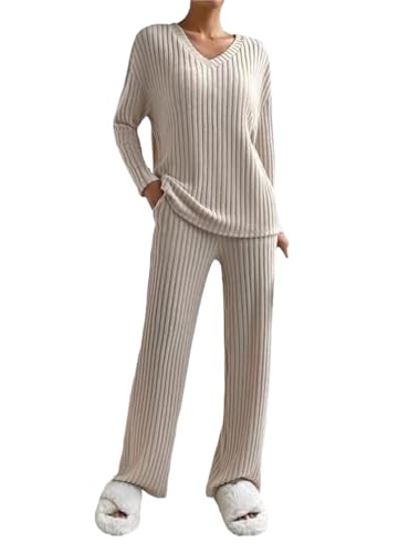 Agiyenna Strickanzug Damen Jogginganzug Gestrickte Langarm Pullover Mit Hose Set 2 Teiler Damen Elegant Zweiteiler Trainingsanzug Activewear Bequem Loungewear Set Mit V-Ausschnitt von Agiyenna