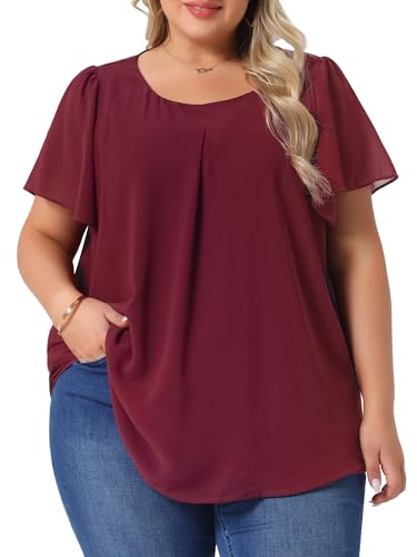Agnes Orinda Chiffon-Bluse für Damen, Rüschen, kurzärmelig, doppellagig, Arbeitsoberteile, Burgunder, 3X Agnes Orinda Chiffon-Bluse für Damen, Rüschen, kurzärmelig, doppellagig, Arbeitsoberteile, Burgunder, 3X von Agnes Orinda