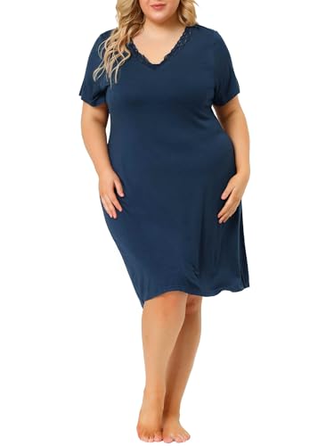 Agnes Orinda Damen-Nachthemd in Übergröße Kurze Ärmel V-Ausschnitt Pyjama Nachtwäsche Dunkelblau 4XL von Agnes Orinda