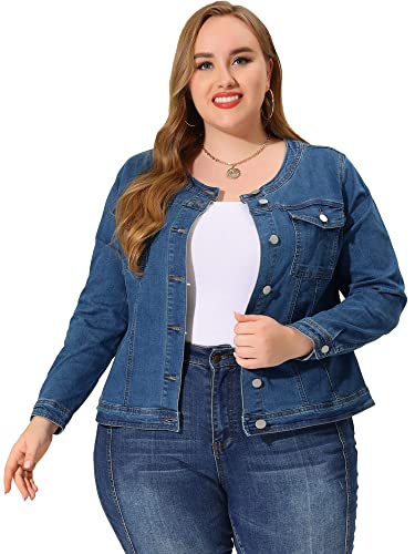 Agnes Orinda Damen Plus Size Lange Ärmel Kragenlose Jeansjacke, hellblau, XXL Große Größen von Agnes Orinda