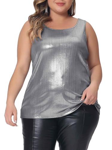 Agnes Orinda Oberteile in Übergröße für Damen Glänzendes Metallisches Tanktop Rundhalsausschnitt Ärmellos Party-T-Shirt Bluse Silber 4XL von Agnes Orinda
