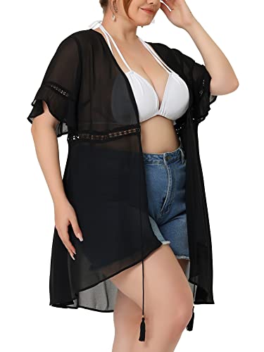 Agnes Orinda Übergröße Sommer Bikini Cover Up für Frauen Kurzarm Quaste Tie Taille Kimono Top Cardigan, Schwarz, 4X von Agnes Orinda