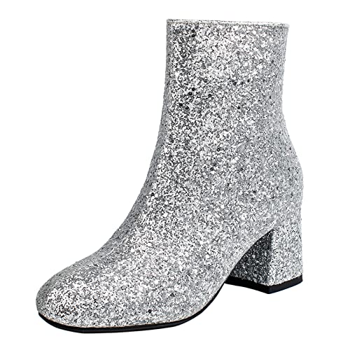 Agodor Damen Glitzerstiefel Glitzer High Heel Pailletten Chunky Stiefeletten, silber, 40.5 EU von Agodor