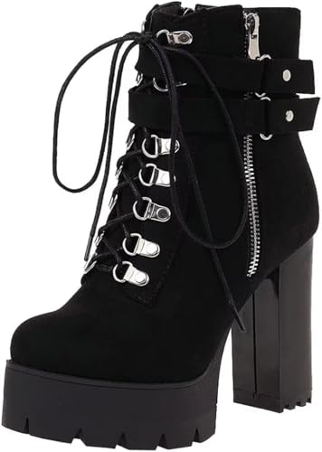 Agodor Damen Goth Plateau Combat Booties Schnürstiefeletten Runde Zehen Chunky High Heel Gothic Stiefeletten, Schwarz, 44 EU von Agodor