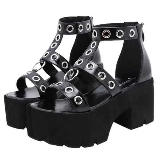 Agodor Damen Goth Plateau-Sandalen, Knöchelriemen, klobige High Heels, offene Zehenpartie, Slingback, römische Gladiator-Schuhe, Schwarz, Schwarz, Stil 1, 41.5 EU Weit von Agodor