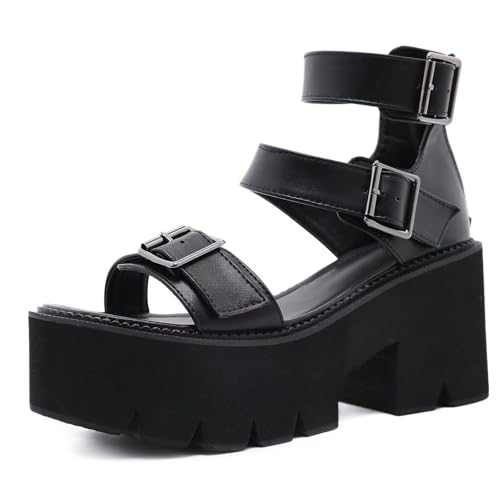 Agodor Damen Goth Plateau-Sandalen, Knöchelriemen, klobige High Heels, offene Zehenpartie, Slingback, römische Gladiator-Schuhe, Schwarz, Schwarz3, 35 EU von Agodor