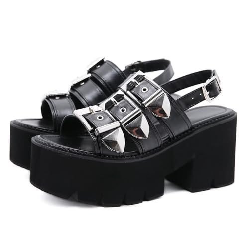 Agodor Damen Goth Plateau-Sandalen, Knöchelriemen, klobige High Heels, offene Zehenpartie, Slingback, römische Gladiator-Schuhe, Schwarz, Schwarz5, 39 EU von Agodor