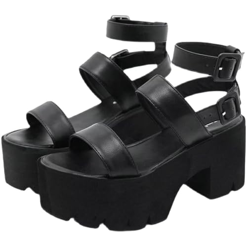 Agodor Damen Gothic Plateau Sandalen Knöchelriemen Chunky High Heels Open Toe Slingback Roman Gladiator Schuhe, Schwarz Style2, 40 EU von Agodor