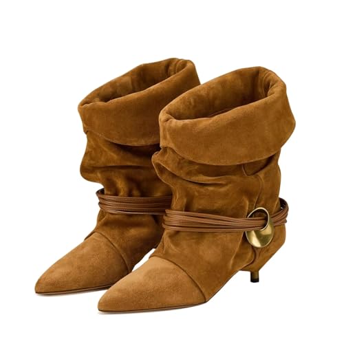 Agodor Slouchy Damen-Stiefeletten, spitz zulaufender Zehenbereich, Kätzchen-Absätze, breite Wade, Boho, Wildleder, Cowboystiefel, umklappbar, mittlere Wade, bequeme Schuhe, Braun, 38.5 EU von Agodor