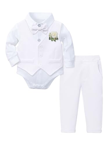 Agoky Baby Jungen Anzug Set Gentleman Sakko Smoking Hemdbody mit Anzugweste Anzughose Fliege Party Hochzeit Outfits Weiß 80-86 von Agoky