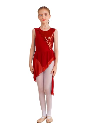 Agoky Balletkleider Mädchen Pailletten Ballettanzug Ärmellos/Langarm Tanzkleid Body Trikot Asymmetrisch Rock Tutu Gymnastik Leotards Turnanzug gr.116-164 Rot M 164 von Agoky