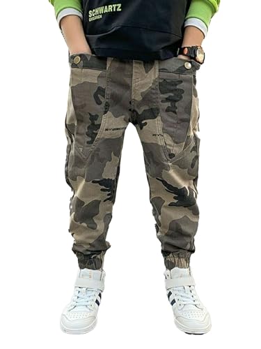 Agoky Cargohose Jungen Mädchen Jogginghose Kinder Tarnhose mit Taschen Casual Slim Fit Laufhose Sporthose Military Freizeithose Mit elastische Taille Grau F 98-104 von Agoky