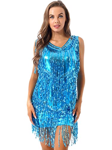 Agoky Damen Ärmellos Pailletten Kleid V-Ausschnitt Glitzer Quasten Partykleid Flapper Kostüm Tanzkleid Samba Tango Latein Outfits Himmelblau XXL von Agoky