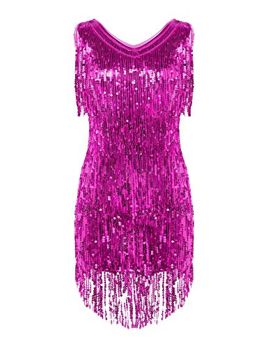 Agoky Damen Ärmellos Pailletten Kleid V-Ausschnitt Glitzer Quasten Partykleid Flapper Kostüm Tanzkleid Samba Tango Latein Outfits Rose M von Agoky