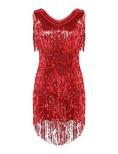 Agoky Damen Ärmellos Pailletten Kleid V-Ausschnitt Glitzer Quasten Partykleid Flapper Kostüm Tanzkleid Samba Tango Latein Outfits Rot L von Agoky