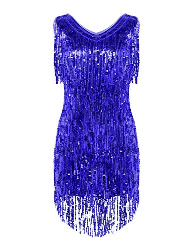 Agoky Damen Ärmellos Pailletten Kleid V-Ausschnitt Glitzer Quasten Partykleid Flapper Kostüm Tanzkleid Samba Tango Latein Outfits Royal Blau L von Agoky