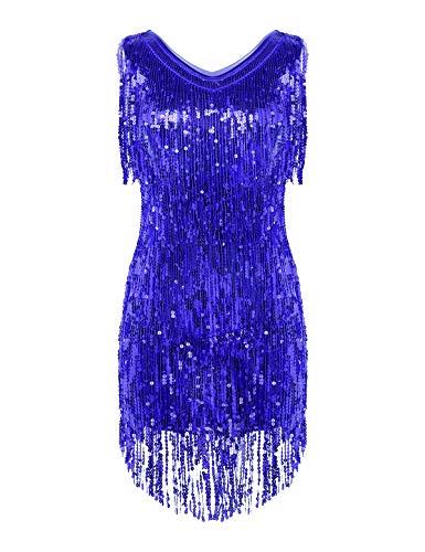 Agoky Damen Ärmellos Pailletten Kleid V-Ausschnitt Glitzer Quasten Partykleid Flapper Kostüm Tanzkleid Samba Tango Latein Outfits Royal Blau L von Agoky