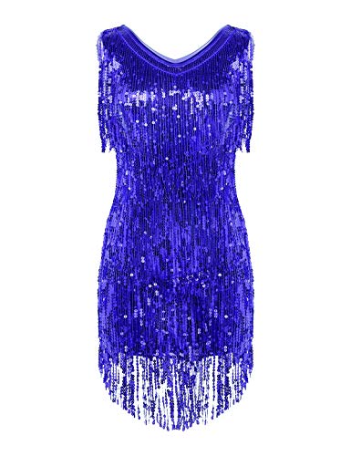 Agoky Damen Ärmellos Pailletten Kleid V-Ausschnitt Glitzer Quasten Partykleid Flapper Kostüm Tanzkleid Samba Tango Latein Outfits Royal Blau XL von Agoky