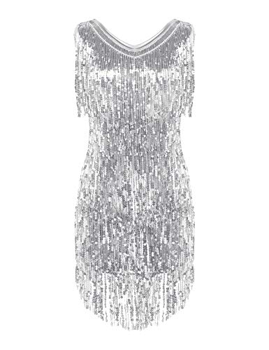 Agoky Damen Ärmellos Pailletten Kleid V-Ausschnitt Glitzer Quasten Partykleid Flapper Kostüm Tanzkleid Samba Tango Latein Outfits Silber M von Agoky