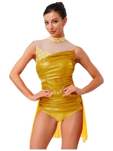 Agoky Damen Ärmelloses Eiskunstlauf Kleid Rollkragen Ballettkleid Glitzer Strass Tanz Gymnastik Leotard Metallic Trikot mit Rüschen Rock Eislaufen Bekleidung Gelb S von Agoky