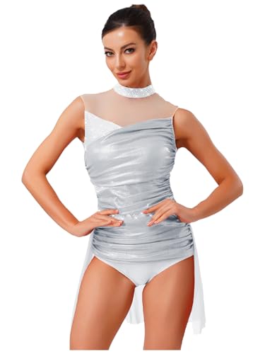 Agoky Damen Ärmelloses Eiskunstlauf Kleid Rollkragen Ballettkleid Glitzer Strass Tanz Gymnastik Leotard Metallic Trikot mit Rüschen Rock Eislaufen Bekleidung Weiß S von Agoky