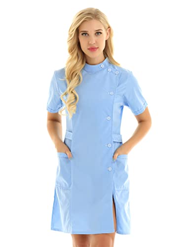 Agoky Damen Arztkittel Berufsmantel Laborkittel Arztin Uniform Medizin mit Knöpfe und Taschen Kurzarm Kleid Klinik Krankenhaus Berufskleidung Himmelblau B XL von Agoky