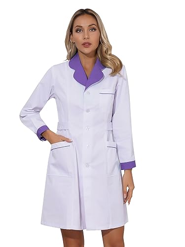 Agoky Damen Arztkittel Berufsmantel Laborkittel Arztin Uniform Medizin mit Knöpfe und Taschen Kurzarm Kleid Klinik Krankenhaus Berufskleidung Lila C XL von Agoky