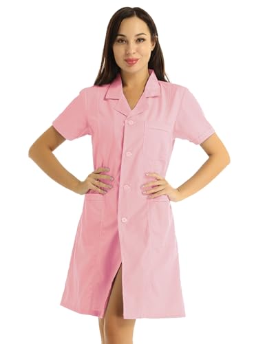 Agoky Damen Arztkittel Berufsmantel Laborkittel Arztin Uniform Medizin mit Knöpfe und Taschen Kurzarm Kleid Klinik Krankenhaus Berufskleidung Rosa XL von Agoky