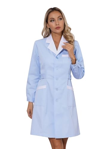 Agoky Damen Arztkittel Berufsmantel Laborkittel Arztin Uniform Medizin mit Knöpfe und Taschen Langarm Kleid Klinik Krankenhaus Berufskleidung Blau C L von Agoky