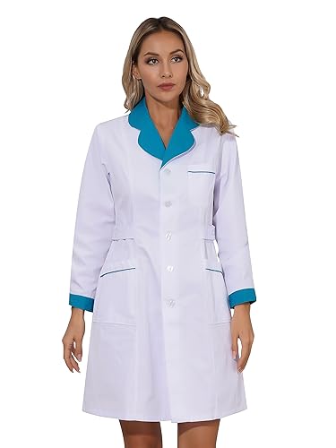Agoky Damen Arztkittel Berufsmantel Laborkittel Arztin Uniform Medizin mit Knöpfe und Taschen Langarm Kleid Klinik Krankenhaus Berufskleidung Grün C XXL von Agoky