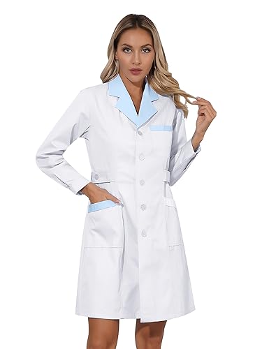 Agoky Damen Arztkittel Berufsmantel Laborkittel Arztin Uniform Medizin mit Knöpfe und Taschen Langarm Kleid Klinik Krankenhaus Berufskleidung Weiß C XXL von Agoky