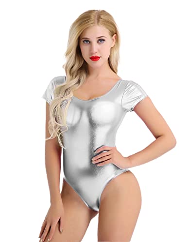 Agoky Damen Ballettanzug Langarm/Kurzarm/Ärmellos Ballett Trikot Wetlook Body Einteiler Bodysuit Glänzende Oberteile Tops mit Slip Tanz-Body Kostüm Silber Kurzarm L von Agoky