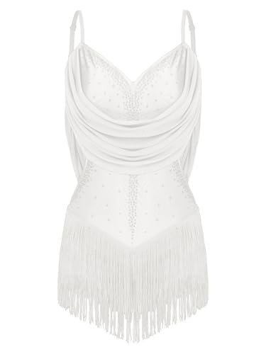 Agoky Damen Ballettanzug Spaghettiträger Ballett Trikot Strasssteine Tanz-Body mit Fransen Rock Flapper Kleid Eiskunstlauf Bekleidung Elfenbein XS von Agoky