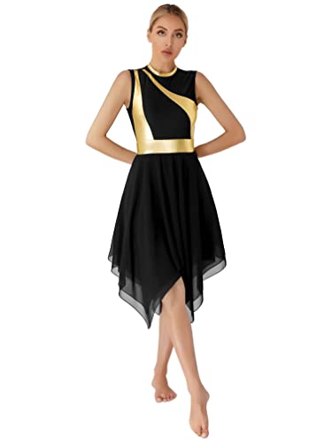 Agoky Damen Ballettkleid Asymmetrisches Kleid Lob Tanzkleid mit Innenslip liturgische Lyrische Tanz Gymnastik Ballettkleidung Schwarz C L von Agoky