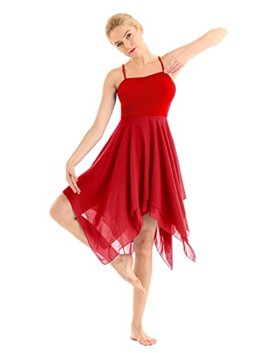 Agoky Damen Ballettkleid Ballettanzug Träger Kleid Asymmetrisch Latin Tanzkleider ärmellos Ballett Trikot Body Wickelrock 34 36 38 40 42 44 Rot M von Agoky