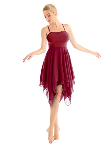 Agoky Damen Ballettkleid Ballettanzug Träger Kleid Asymmetrisch Latin Tanzkleider ärmellos Ballett Trikot Body Wickelrock 34 36 38 40 42 44 Weinrot A M von Agoky