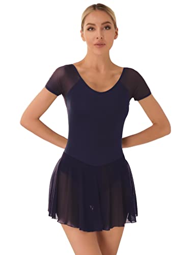 Agoky Damen Ballettkleid Kurzarm Ballett Trikot mit Rundhalsausschnitt Gymnastikanzug Sport Body mit Mesh Tutu Rock Slip Dancewear Dunkelblau H XL von Agoky