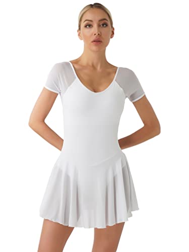 Agoky Damen Ballettkleid Kurzarm Ballett Trikot mit Rundhalsausschnitt Gymnastikanzug Sport Body mit Mesh Tutu Rock Slip Dancewear Weiß H M von Agoky