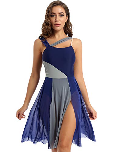 Agoky Damen Ballettkleid Lange Tanzkleid mit Mesh Rock Ärmellos Ballett Trikot Body Turnanzug Leotard Kleid für lyrischen Modern Tanz Dancewear Navy Blau M von Agoky