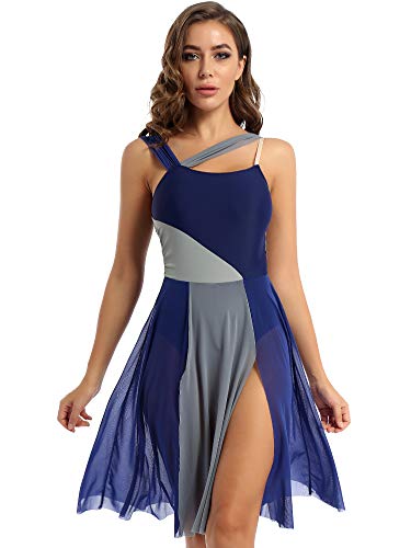 Agoky Damen Ballettkleid Lange Tanzkleid mit Mesh Rock Ärmellos Ballett Trikot Body Turnanzug Leotard Kleid für lyrischen Modern Tanz Dancewear Navy Blau XL von Agoky