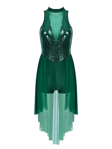 Agoky Damen Ballettkleid ärmellos Ballett Trikot Sport Body Rückenfrei Tanzkleid Kostüm mit Pailletten Top Asymmetrischer Tüll Rock gr. S-XXL Grün E L von Agoky