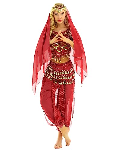 Agoky Damen Bauchtanz Kostüm Set Halloween Mottoparty Indische Prinzessin Outfit Münzen Top mit Pluderhosen Hüfttuch und Kopftuch Rot Einheitsgröße von Agoky