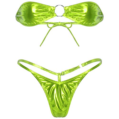 Agoky Damen Bikini Set Wetlook Metallic Glitzer Dessous Trägerlos Bandeau BH Top Zweiteiliger Mankini Rückenfrei Bademode High Cut Thong Bikinihosen Brazilian Leuchtendes Grün OneSize von Agoky