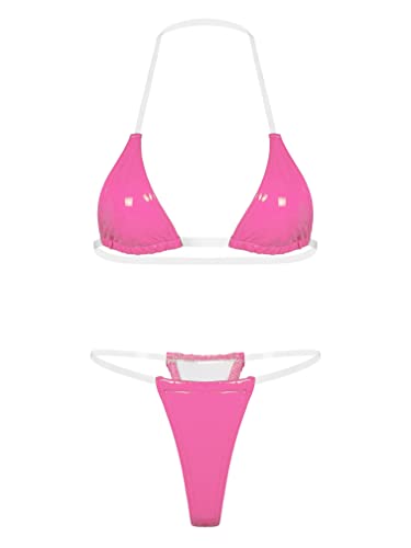 Agoky Damen Bikini Set Zweiteilige Metallic Glitzer Badeanzug mit Push Up Bikinioberteil und Triangel Bikinihose Sexy Halter Bademode Pink D XL von Agoky